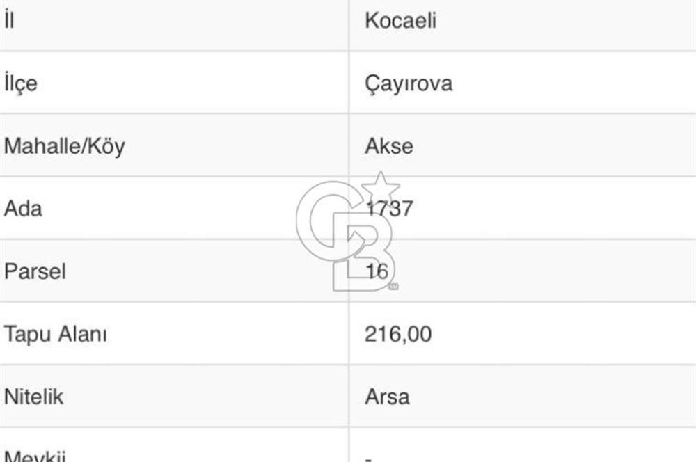 ÇAYIROVA EMEK'DE SATILIK 216 M² ARSA