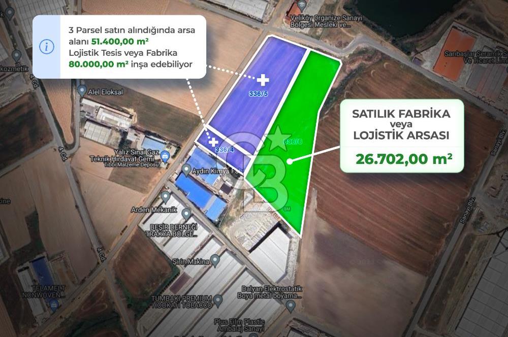 Çerkezköy Veliköy OSB' de Satılık 26700 m2 Sanayi ve Lojistik Arsası