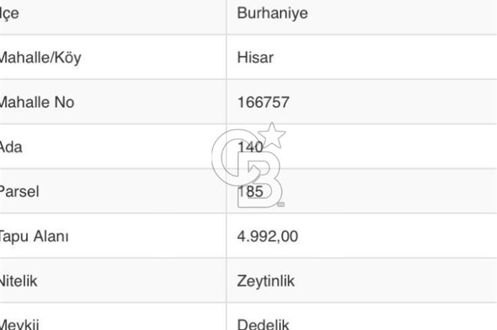 Burhaniye Hisar'da Satılık 4992 m2 Zeytinlik