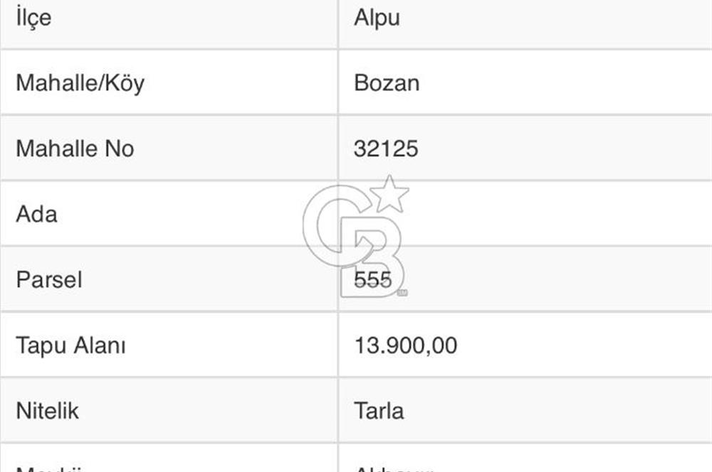 ESKİŞEHİR / ALPU / BOZAN / 14 DÖNÜM SATILIK TARLA