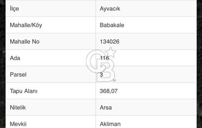 CB NOVO'DAN ÇANAKKALE AYVACIK BABAKELE'DE 368M2 İMARLI ARSA