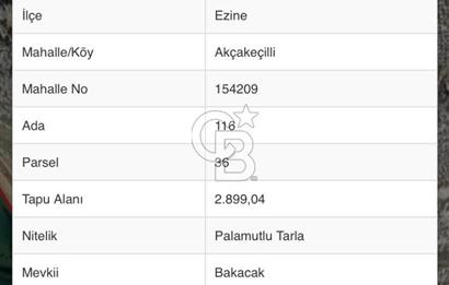 CB NOVO'DAN EZİNE'DE DENİZE 125 M TURİZM İMARLI ARSA