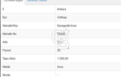 GÖLBAŞI KARAGEDİK-İMAR'DA SATILIK 1000 M2 ARSA