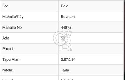 BALA BEYNAMDA KÖŞE KÖK TAPU 5875 MT2 BAHÇELİK TARLA