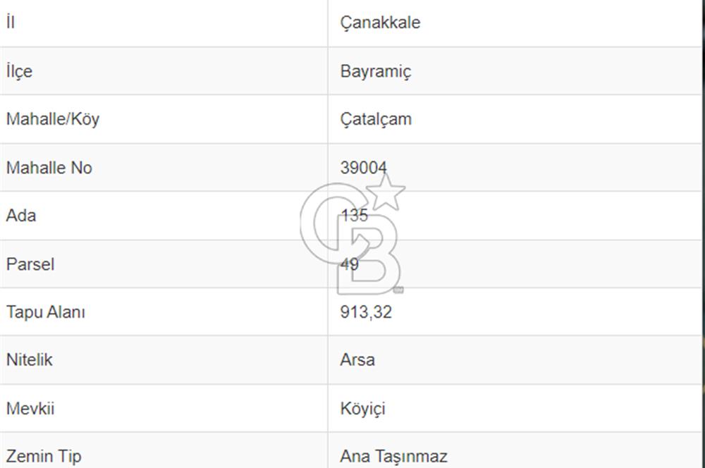 ÇANAKKALE BAYRAMİÇ ÇATALÇAM KÖYÜ İMARLI SATILIK ARSA