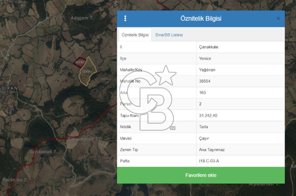 Çanakkale Yenice Yağdıran Satılık 39.842 M2 Arazi