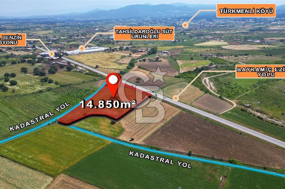 ÇANAKKALE EZİNE BAYRAMİÇ YOLU ÜZERİNDE 14,850 m²﻿ SATILIK ARAZİ