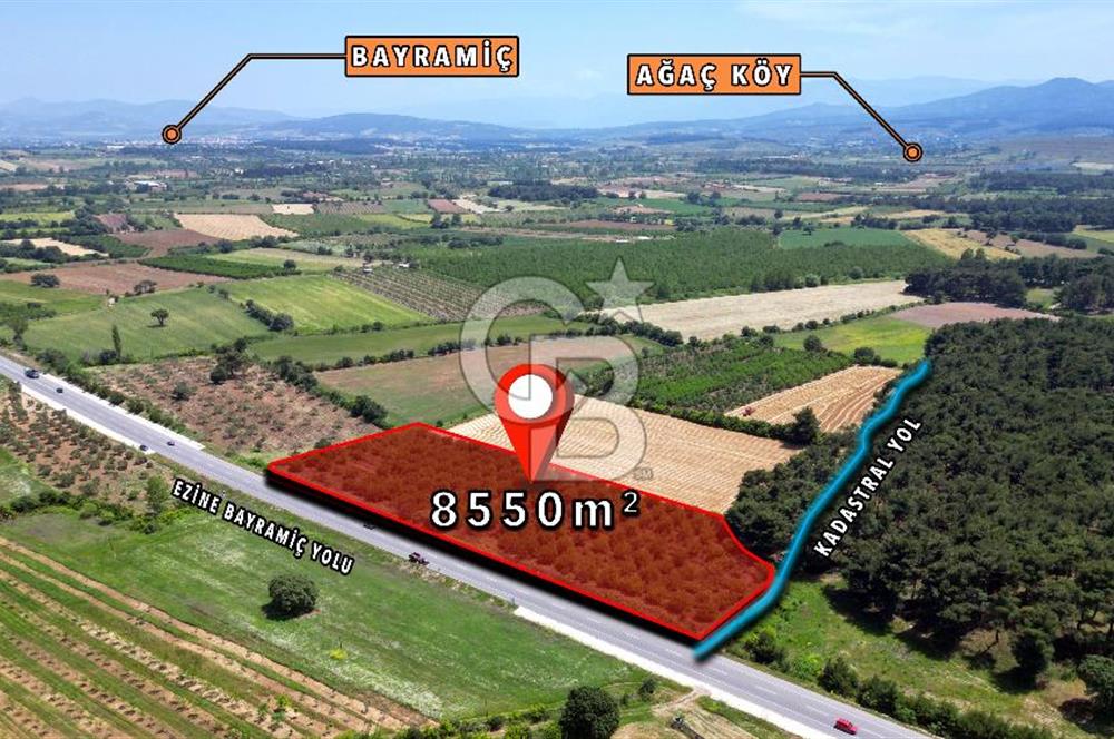 ÇANAKKALE EZİNE - BAYRAMİÇ YOLU ÜZERİNDE 8,550 m²﻿ SATILIK ARAZİ