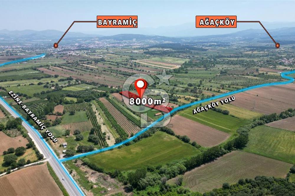 ÇANAKKALE BAYRAMİÇ'TE ANAYOLA YAKIN 8000 m²﻿ SATILIK ARAZİ VE EV