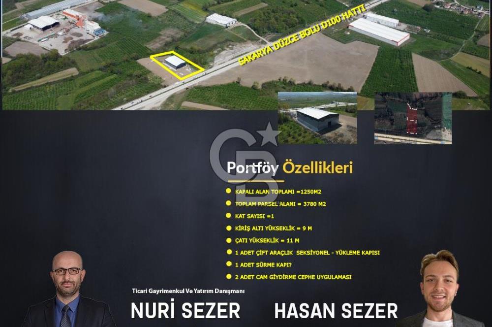 DÜZCE GÜMÜŞOVA HACIKADİRLER D-100 36 METRE YOL CEPHE  1250 M2 KAPALI ALAN KİRALIK FABRİKA