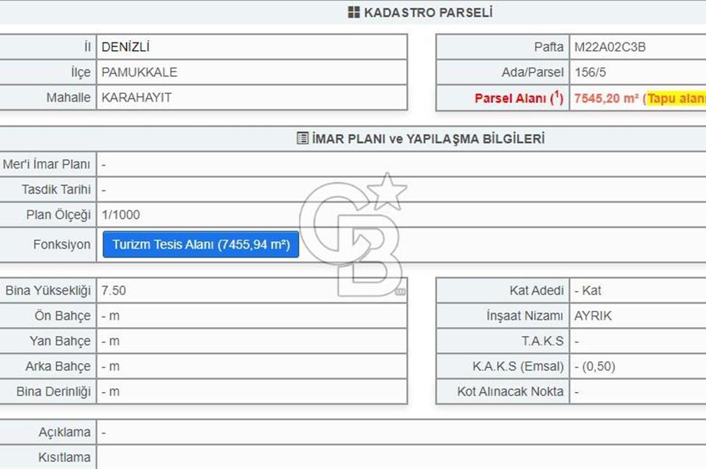 Pamukkale Karahayıt 7545 m² Satılık Turizm Tesis Arsası