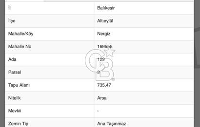 BALIKESİR ALTIEYLÜL NERGİZ MAH. 735 m² MÜKEMMEL VİLLA ARSASI