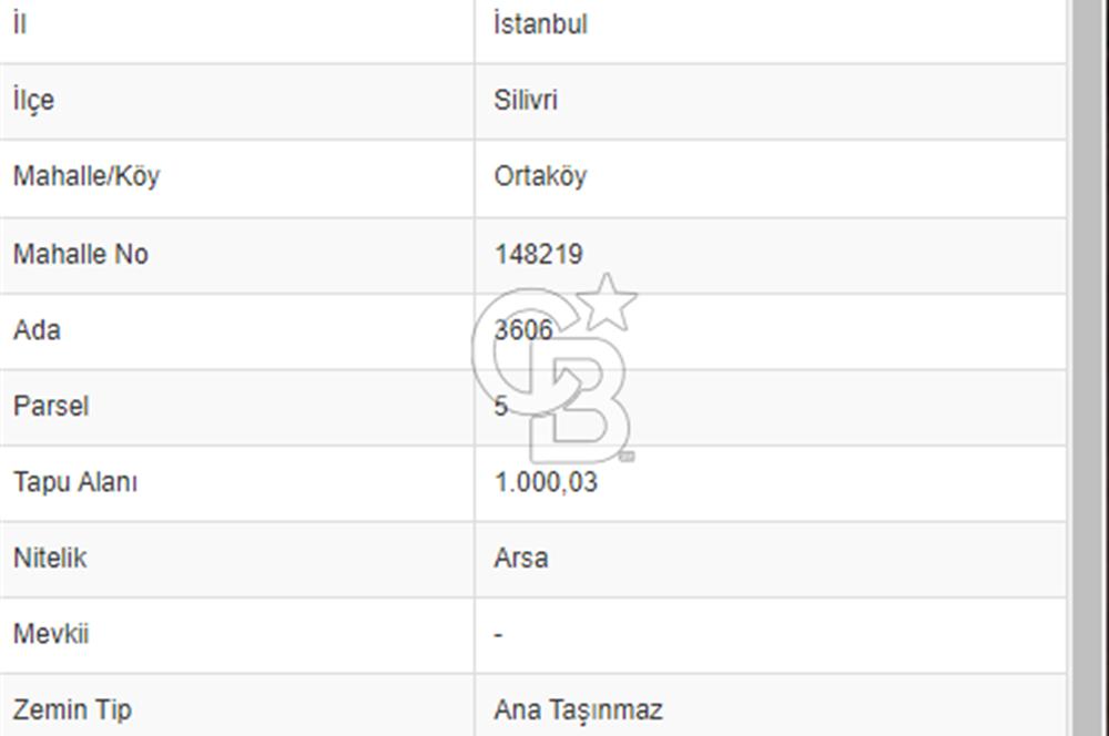 ORTAKÖY-SİLİVRİDE SATILIK 1000 M2 ARSA