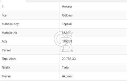 GÖLBAŞI TOPAKLI'DA 20 DÖNÜM SATILIK TARLA