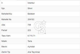 İSTANBUL SİLİVRİ BALABAN 6715 M2 TEK TAPU SATILIK TARLA