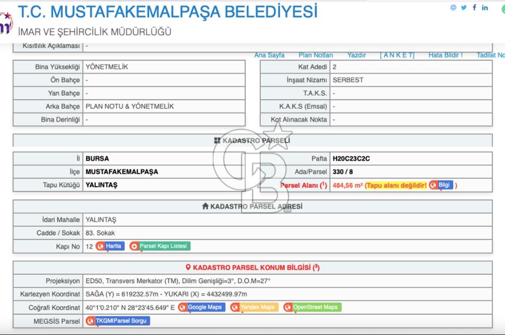 BURSA MUSTAFAKEMALPAŞA YALINTAŞ MH. 456 M2 SATILIK ARSA