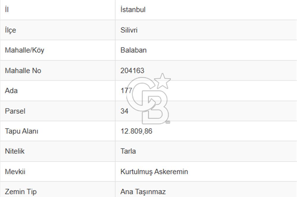 Silivri Balaban'da 12.809 m2 Satılık Tarla