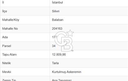 Silivri Balaban'da 12.809 m2 Satılık Tarla