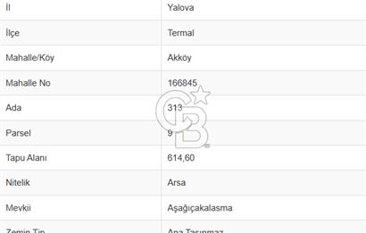 YALOVA TERMAL AKKÖY SATILIK 4.993 M2 TARLA + 615 M2 ARSA!.