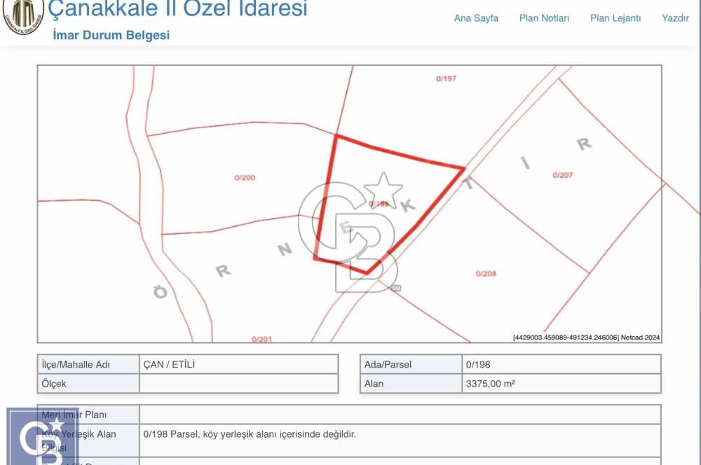 ÇAN ETİLİ 3.375 M2 İHTİYAÇTAN SATILIK TARLA