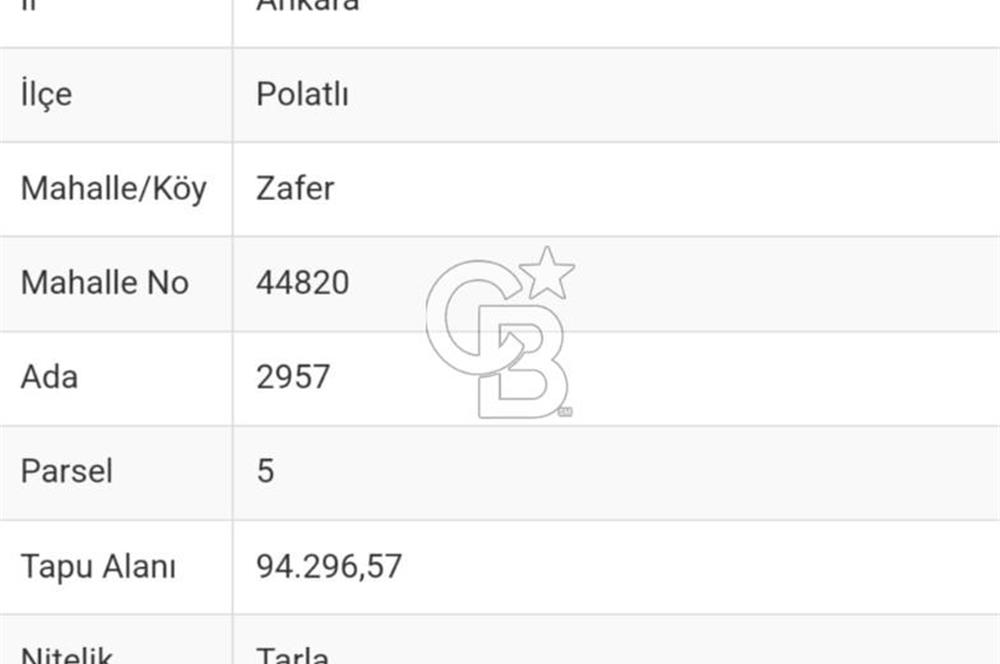POLATLI ZAFER MAHALLESİ NDE  SATILIK TEK TAPU 94 DÖNÜM TARLA