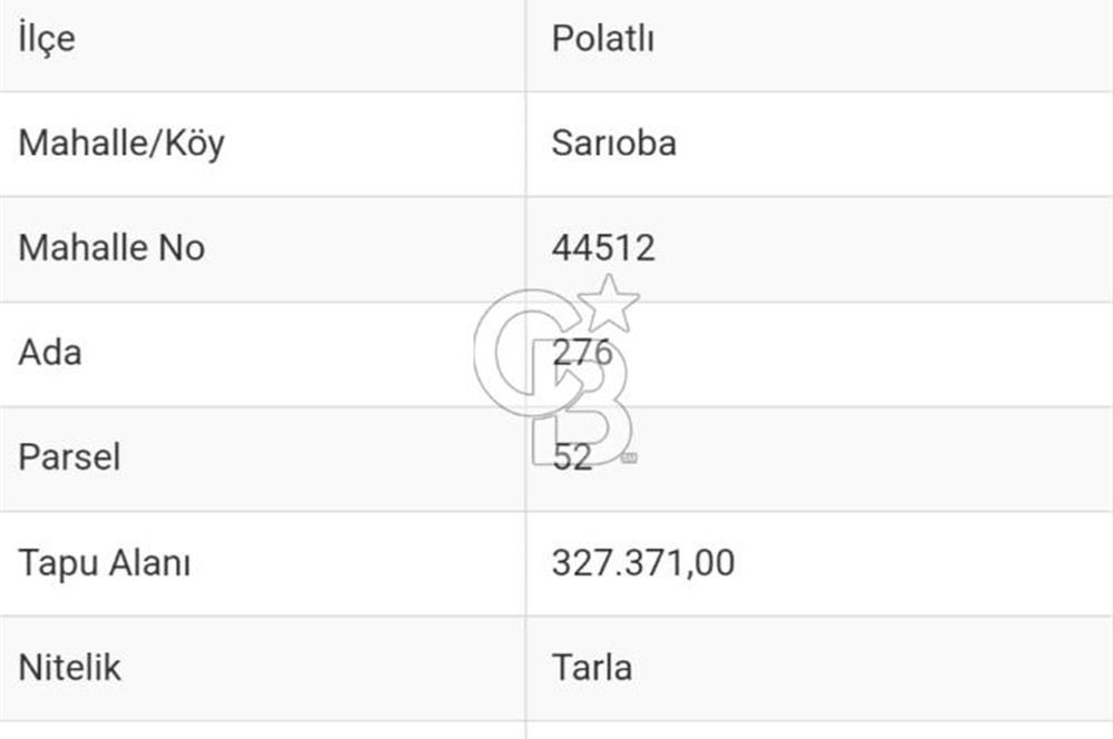 POLATLI SARIOBA DA  SATILIK 1.000 DÖNÜM TARLA