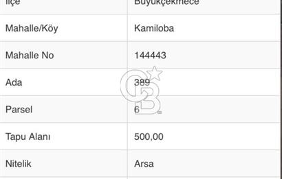 BÜYÜKÇEKMECE KAMİLOBADA YOLA CEPHE 500m2 YAPI KAYIT BELGELİ ARSA