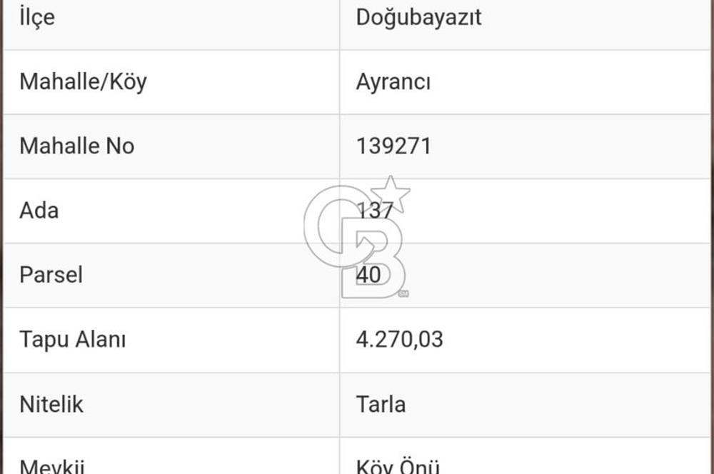 AĞRI-DOĞUBEYAZIT 4.270,03M2  MÜSTAKİL TAPULU SATILIK ARSA