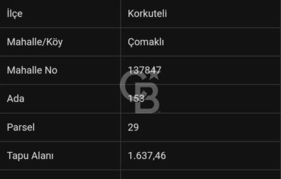 KORKUTELİ ÇOMAKLI HACIBEKAR KÖYİÇİ 1.637 M2 YOL CEPHELİ BAHÇE