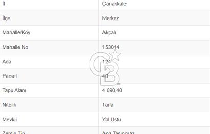 ÇANAKKALE MERKEZ AKÇALI'DA 4.690 M2 SATILIK TARLA