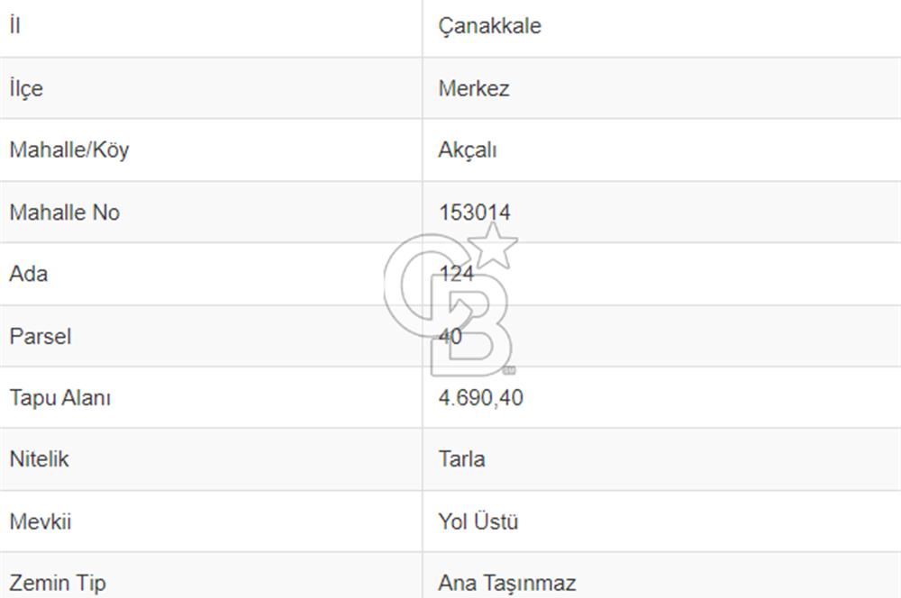 ÇANAKKALE MERKEZ AKÇALI'DA 4.690 M2 SATILIK TARLA