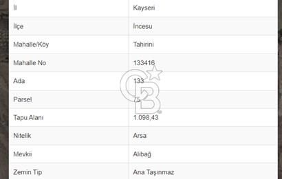 İNCESU TAHİRİNİ MERKEZDE 1098M2 KÖŞE VİLLA PARSELİ