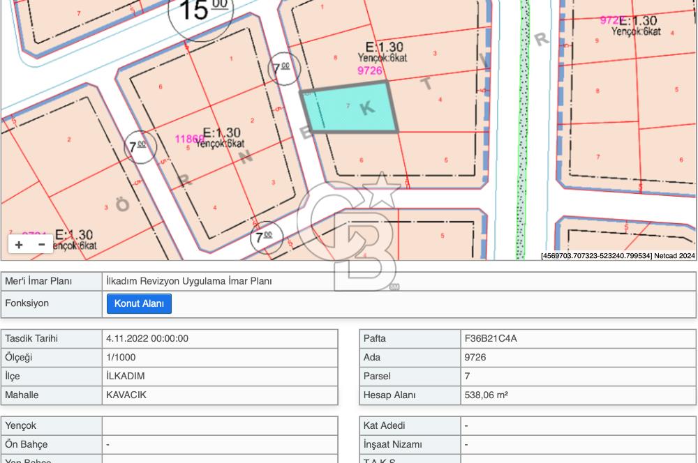 İlkadım Kavacık'ta 538 M2 Satılık 6 Kata İmarlı Arsa