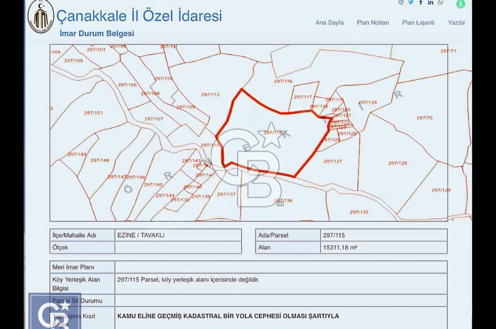 EZİNE TAVAKLI DENİZ MANZARALI UYGUN FİYATLI 15.311 M2 ZEYTİNLİK