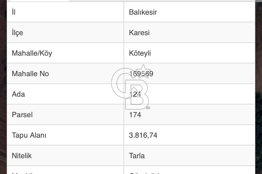 BALIKESİR KARESİ KÖTEYLİ MAH. 3.816 m2 SATILIK TARLA