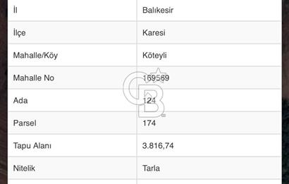 BALIKESİR KARESİ KÖTEYLİ MAH. 3.816 m2 SATILIK TARLA