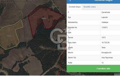 ÇANAKKALE LAPSEKİ ADATEPE GÖLETE YAKIN 16725 M2 SATILIK TARLA