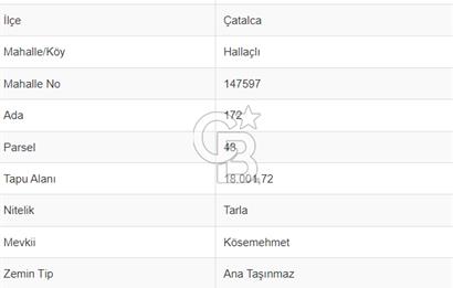 ÇATALCA HALLAÇLI MAHALLESİNDE TAPULANDIRILMIŞ 18.001 m² ARAZİ