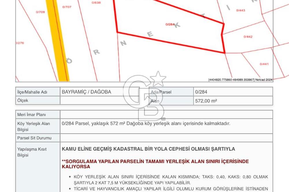 BAYRAMİÇ DAĞOBA KÖYÜNDE 572 M2 İMARLI ACİL SATILIK  ARSA