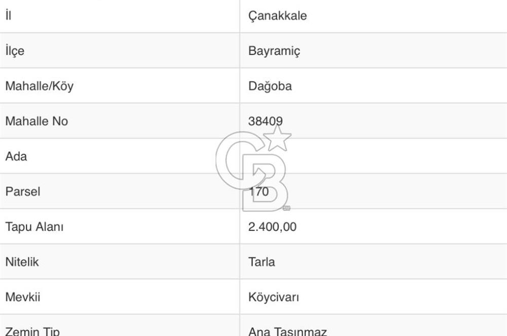 BAYRAMİÇ DAĞOBA KÖYÜNDE 2.400 M2 ACİL SATILIK TARLA 