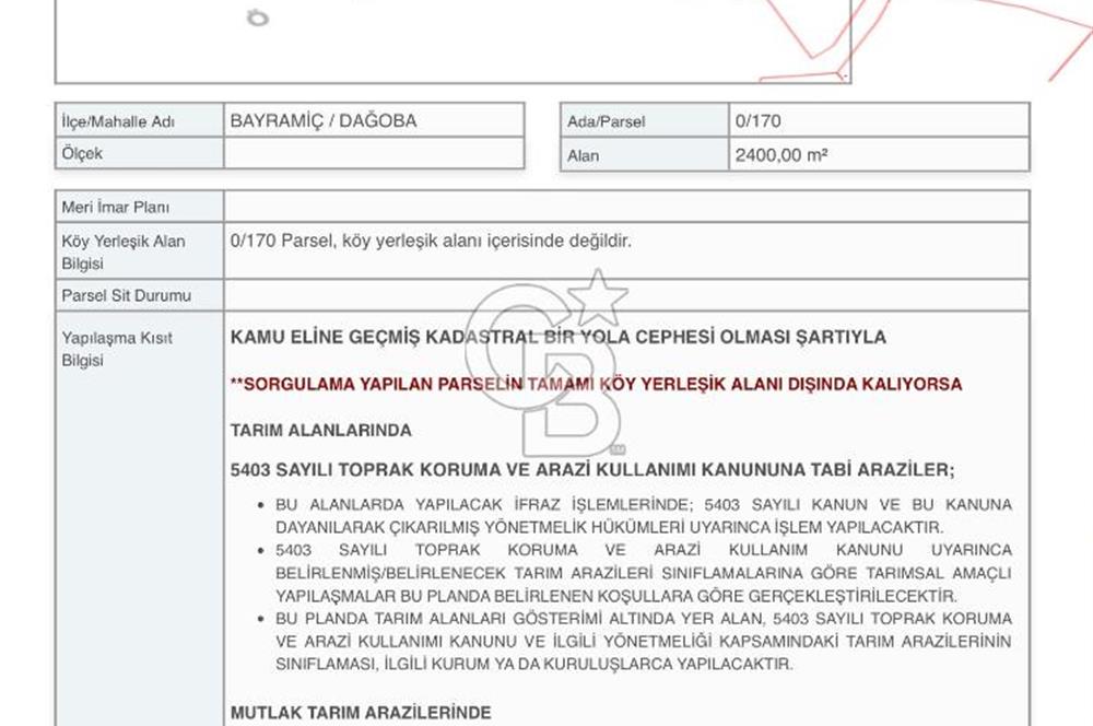 BAYRAMİÇ DAĞOBA KÖYÜNDE 2.400 M2 ACİL SATILIK TARLA 