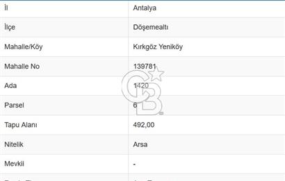 Döşemealtı Yeniköy'de 492 m2 İmarlı Konut Arsası