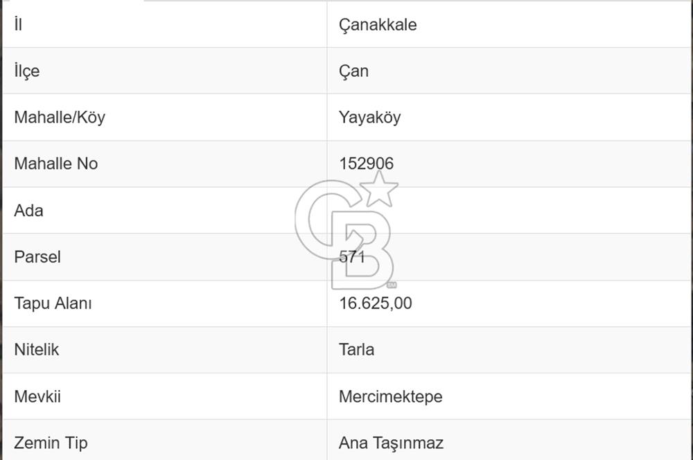 ÇANAKKALE ÇAN YAYAKÖY 16.625 m² Yol Kenarı, OSB Bölgesi İçi, Verimli Tarla