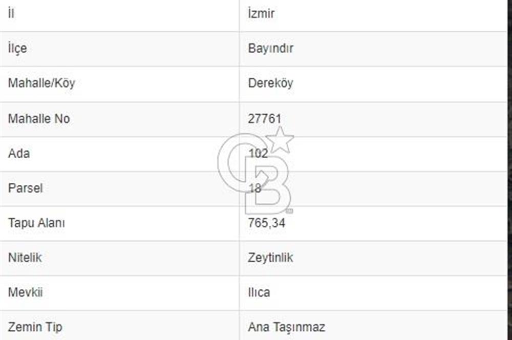 İZMİR BAYINDIR DEREKÖY 765 m2 SATILIK ZEYTİNLİK