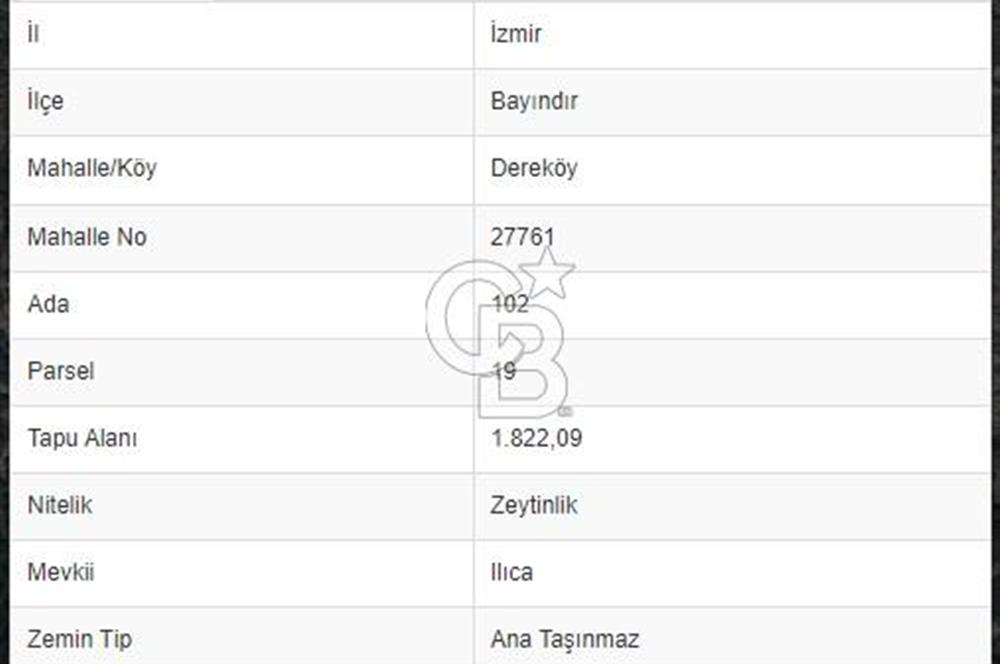 İZMİR BAYINDIR DEREKÖY 1822 m2 SATILIK ZEYTİNLİK