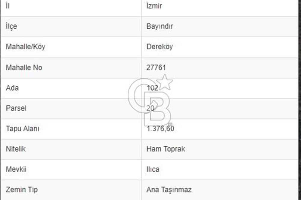 İZMİR BAYINDIR DEREKÖY 1376 m2 HAM TOPRAK - 250 m2 İMARLI