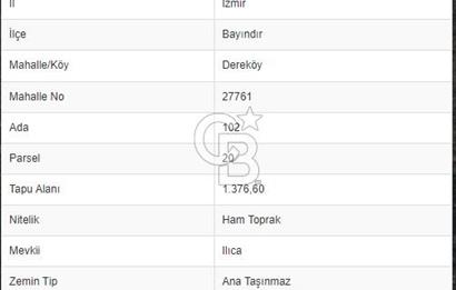 İZMİR BAYINDIR DEREKÖY 1376 m2 HAM TOPRAK - 250 m2 İMARLI