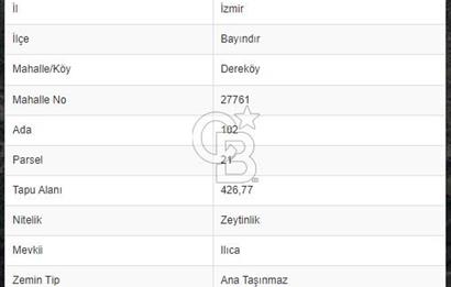 İZMİR BAYINDIR DEREKÖY 426 m2 SATILIK ZEYTİNLİK