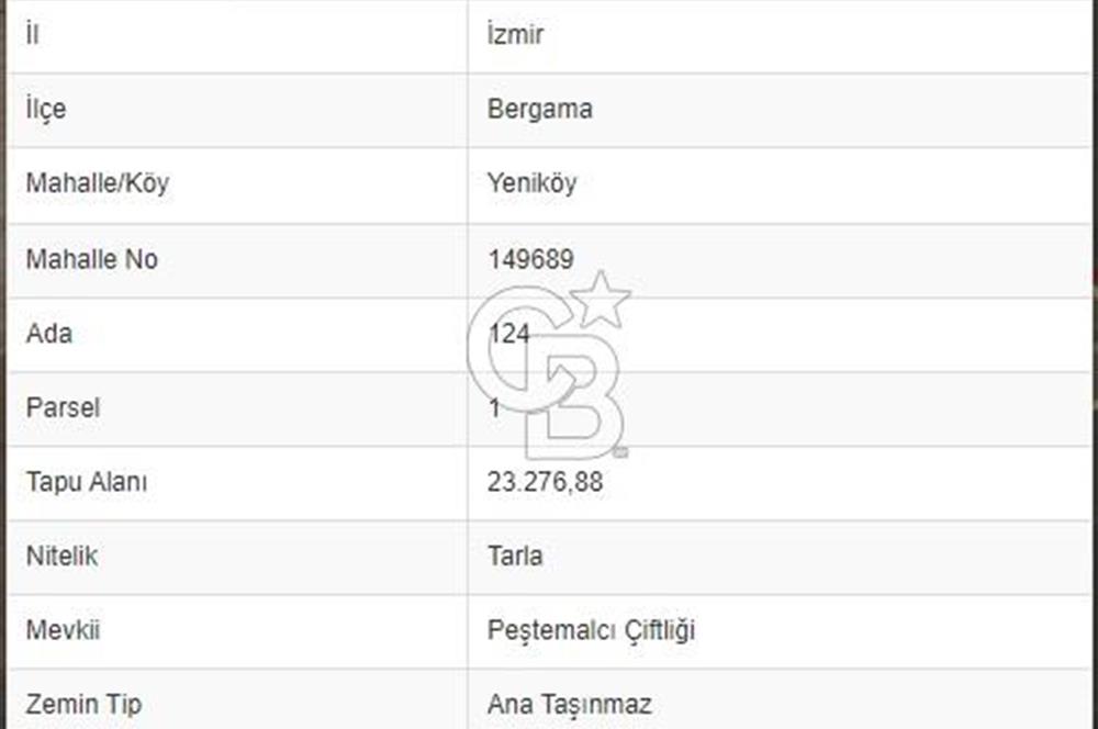 İZMİR BERGAMA YENİKÖY 23.276 m2 SATILIK TARLA