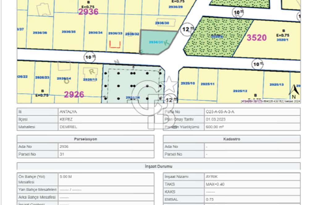 VARSAK DEMİREL MH. 600 M2 GÜNEY DOĞU CEPHE KONUT ARSASI